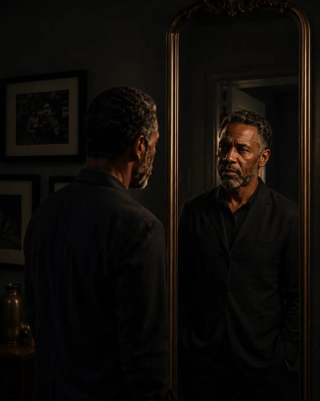 A man facing his clearly visible reflection in an antique gold mirror